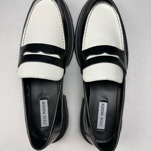 Steve Madden Black & White Leather Penny Loafers | Chunky Lug Sole | Size 12 Men